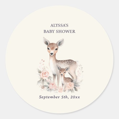 Cute Mother Baby Deer Baby Girl Shower Classic Round Sticker