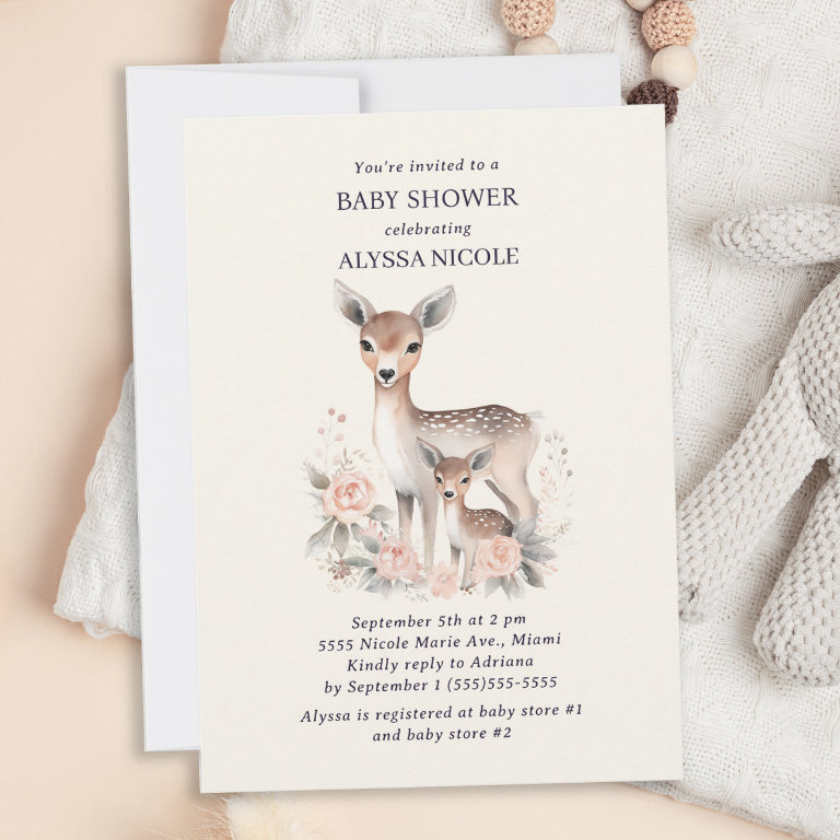Cute Mother Baby Deer Baby Girl Shower Invitation