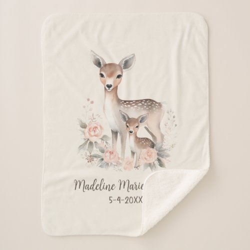Cute Mother Baby Deer Name Birthdate  Sherpa Blanket