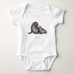Cute mother & baby fur seal baby bodysuit (white)