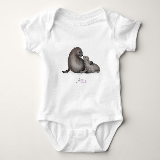 Cute mother & baby fur seal baby bodysuit (white) (Front)
