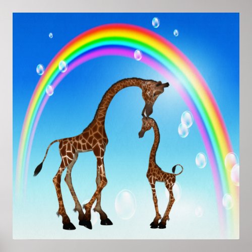 Cute Mother  Baby Giraffe  Rainbow Poster