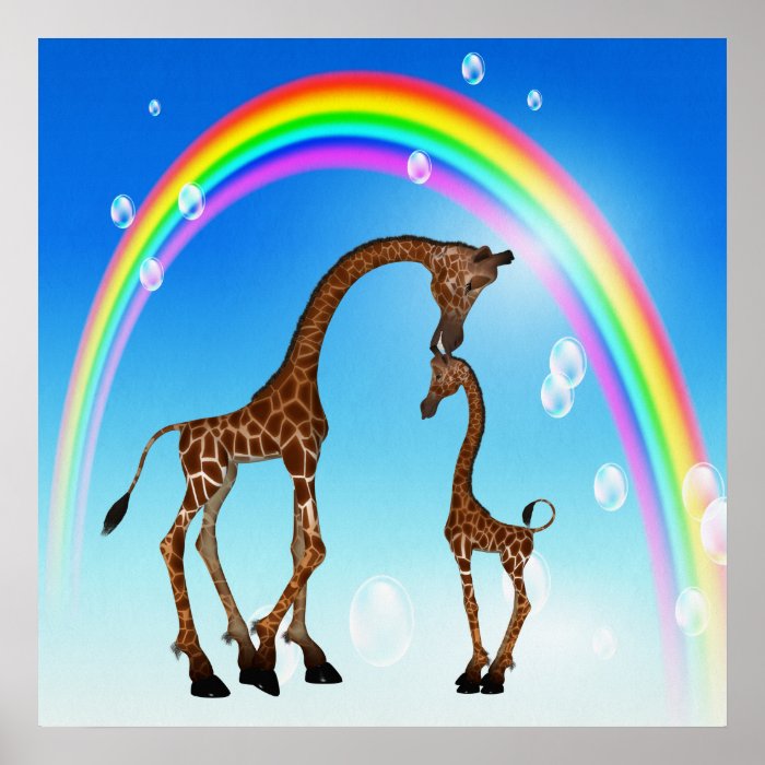 Cute Mother & Baby Giraffe & Rainbow Poster