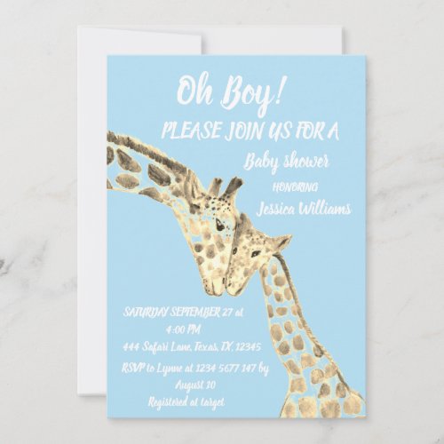 Cute Mother Baby Giraffe Safari Boho Animals Blue  Invitation