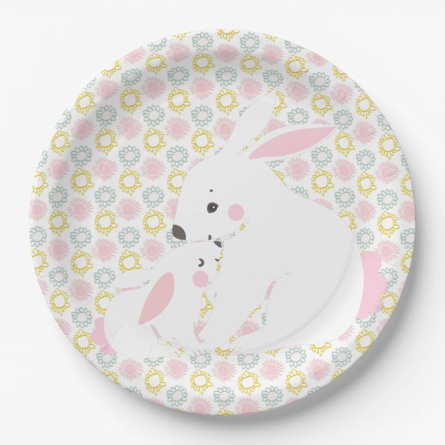 Cute Mother & Baby Girl Bunny Baby Shower Paper Plates (Front)