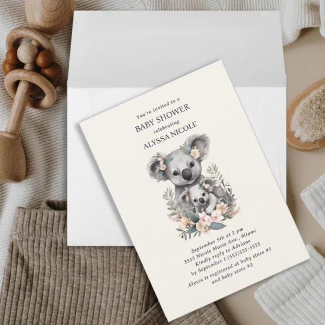 Cute Mother Baby Koala Girl Baby Shower Invitation | Zazzle
