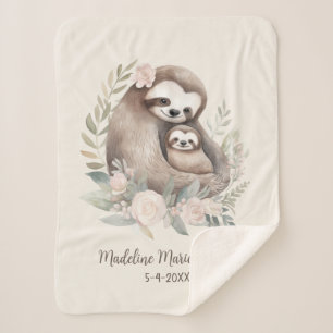 Cute Mother Baby Sloth Name Birthdate Sherpa Blanket