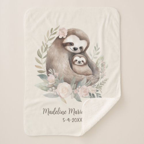 Cute Mother Baby Sloth Name Birthdate  Sherpa Blanket