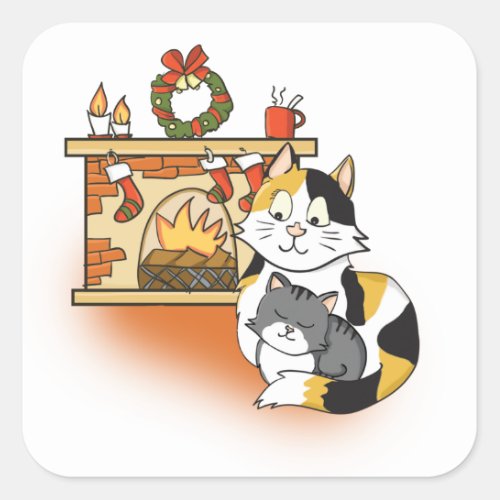 Cute Mother cat and Kitten Christmas Fireplace Square Sticker
