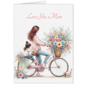 Cute Mother Child Bike Ride Floral Watercolor Card
