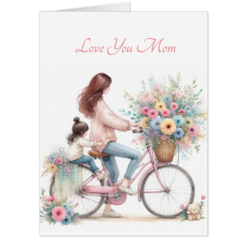 Cute Mother Child Bike Ride Floral Watercolor Card