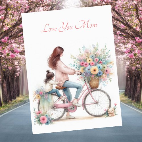 Cute Mother Child Bike Watercolor Mothers Day Holiday Card