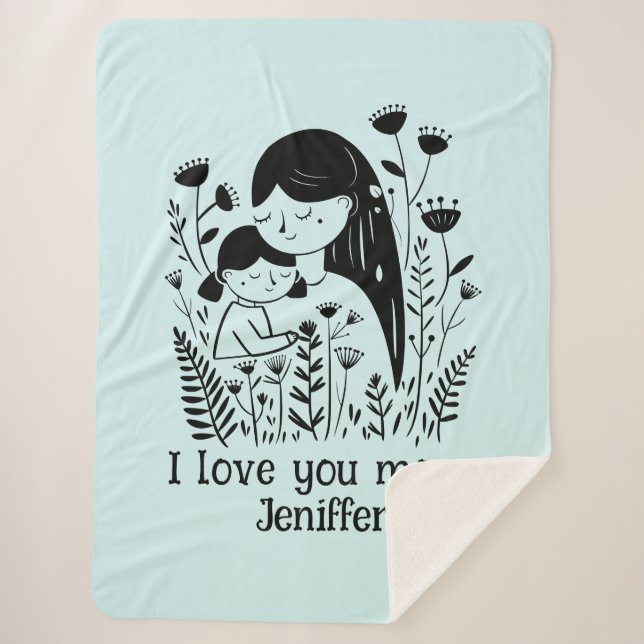 Cute Mother & Daughter Hugging Mother's Day Blue Sherpa Blanket (Front)