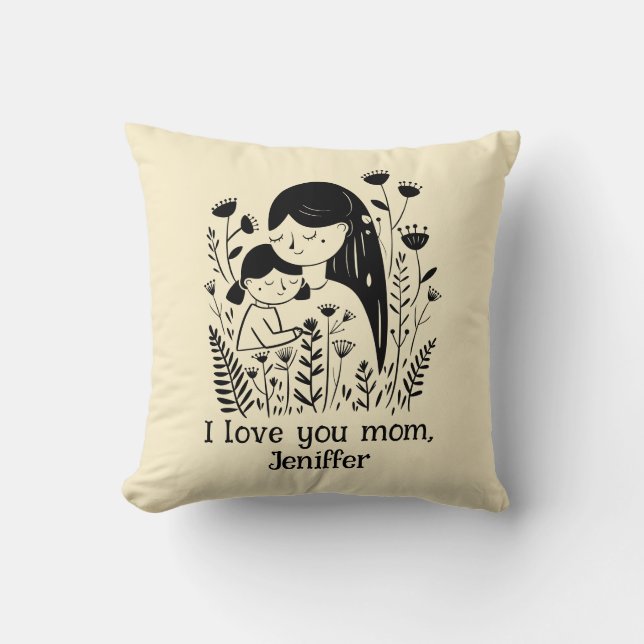 Cute Mother & Daughter Hugging Mother's Day Yellow Throw Pillow (Front)