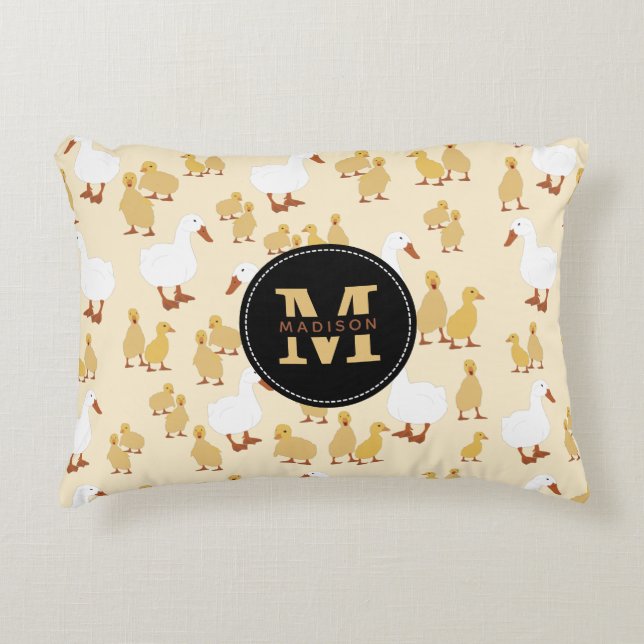 Cute Mother Duck & Baby Duckling Pattern Monogram Accent Pillow (Front)