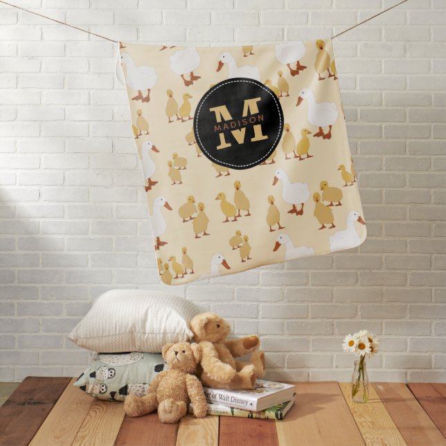 Cute Mother Duck & Baby Duckling Pattern Monogram Blanket (In Situ)