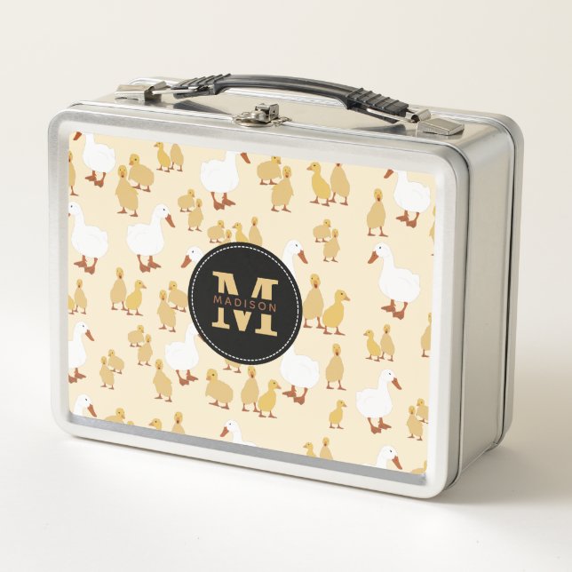 Cute Mother Duck & Baby Duckling Pattern Monogram  Metal Lunch Box (Front)