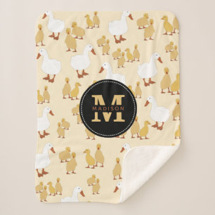 Cute Mother Duck & Baby Duckling Pattern Monogram Sherpa Blanket