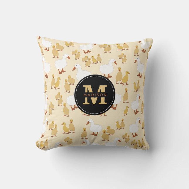Cute Mother Duck & Baby Duckling Pattern Monogram Throw Pillow (Front)
