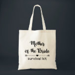 Cute Mother of the Bride Survival Kit Tote Bag<br><div class="desc">Modern and cute bridal party gift tote bag featuring the text "Mother of the Bride" in a trendy combo of calligraphy script and round sans serif typography, decorated by an arrow with a heart at the middle. Add your details in a matching calligraphy script. Easily personalize to change colors to...</div>