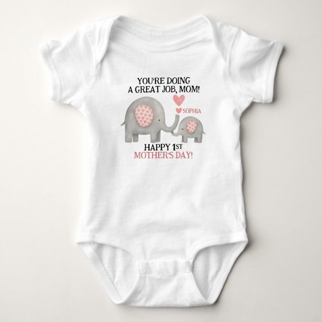 Cute Mother’s Day Gift Mama and Baby Elephant Baby Bodysuit (Front)