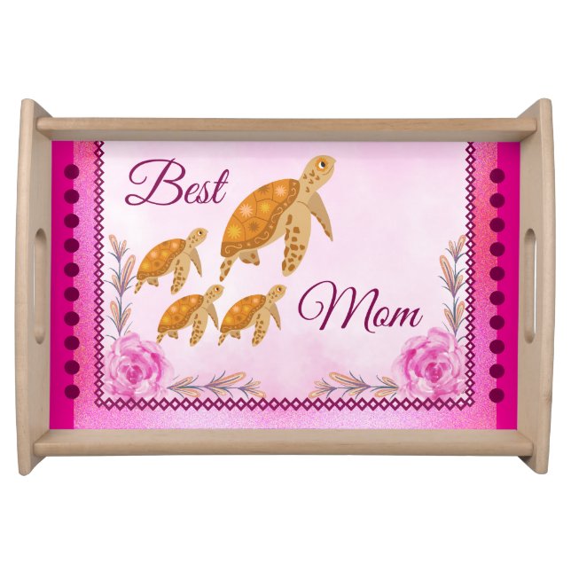 Cute Mother Sea Turtle & Babies Under Ocean Pink  Serving Tray (Front)