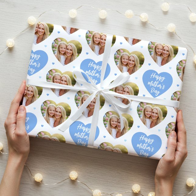 Cute Mother's Day 6 Photo Mom Love Hearts Blue Wrapping Paper (Creator Uploaded)
