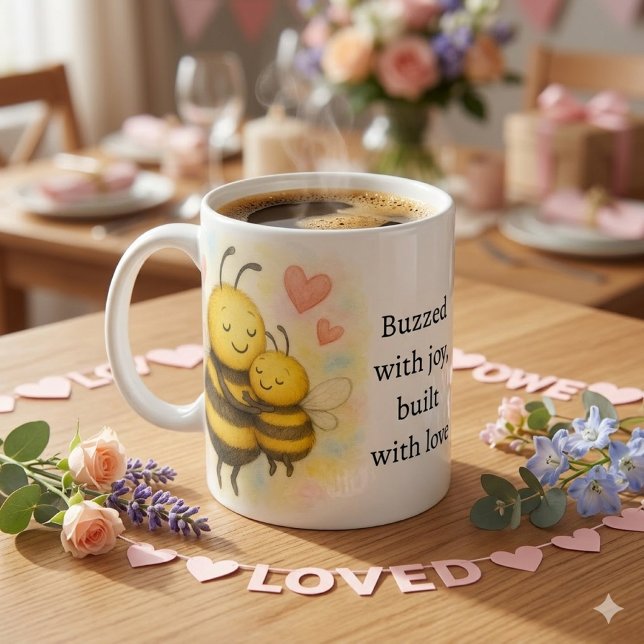 Cute Mother's Day Bee & Baby Bee  Coffee Mug (Cute Mom bee & baby bee coffee mug template. A thoughtful  Mother's Day Gift)
