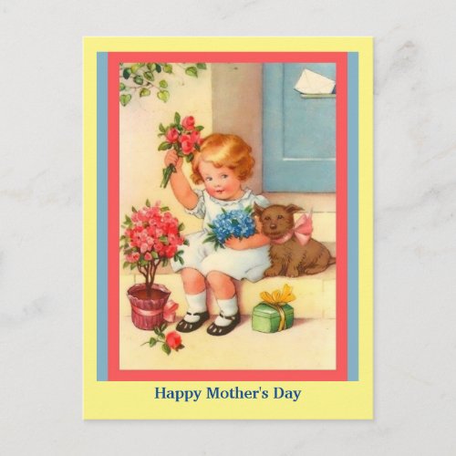 Cute Mothers Day Little Girl Flowers Dog  Postcard