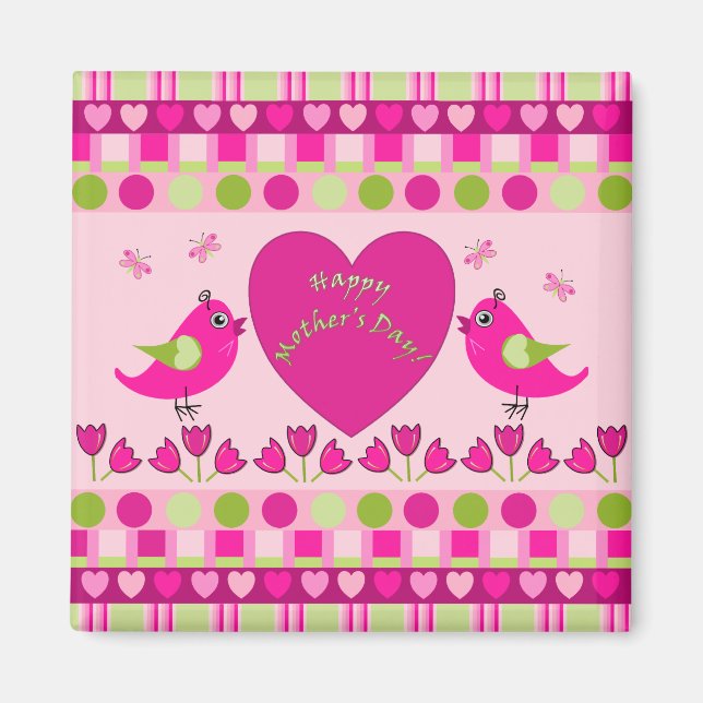 Cute Mother's day Magnet with birds, hearts, text (Front)