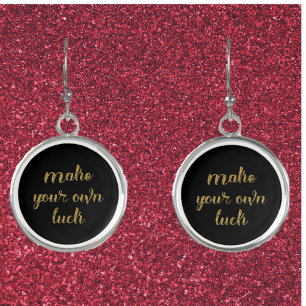 Cute Motivational Black and Gold Luck Quote Earrings