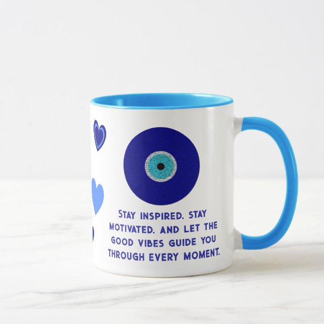 Cute Motivational Good Vibes Blue Evil Eyes Hearts Mug (Right)