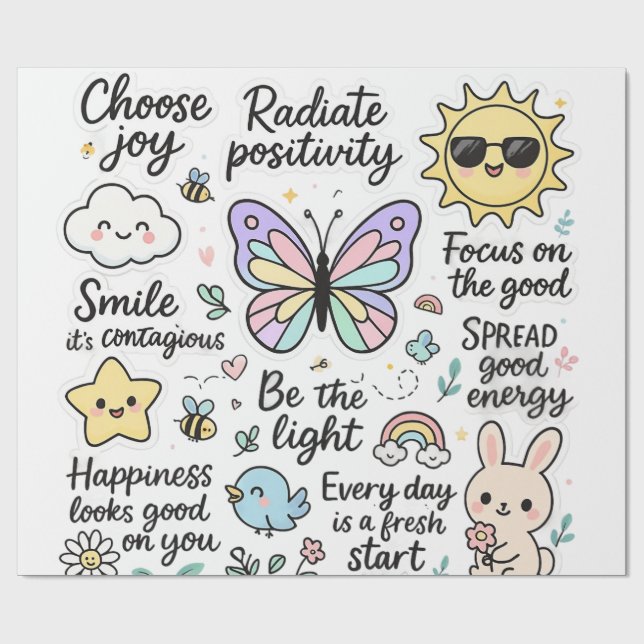 Cute Motivational Quotes & Happy Characters Wrapping Paper (Flat)