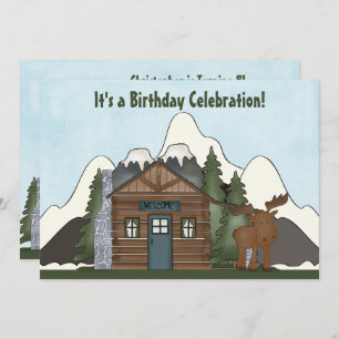 Cute Mountain Cabin and Moose Birthday Invites