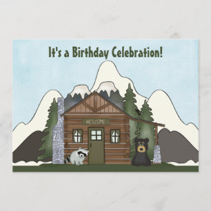 Cute Mountain Cabin with Bear Birthday Invitation