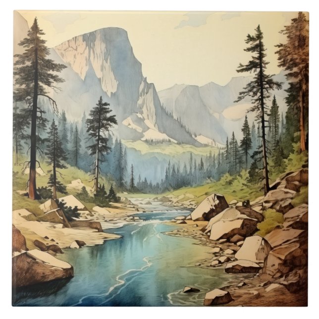 Cute Mountain lake scene  Ceramic Tile (Front)