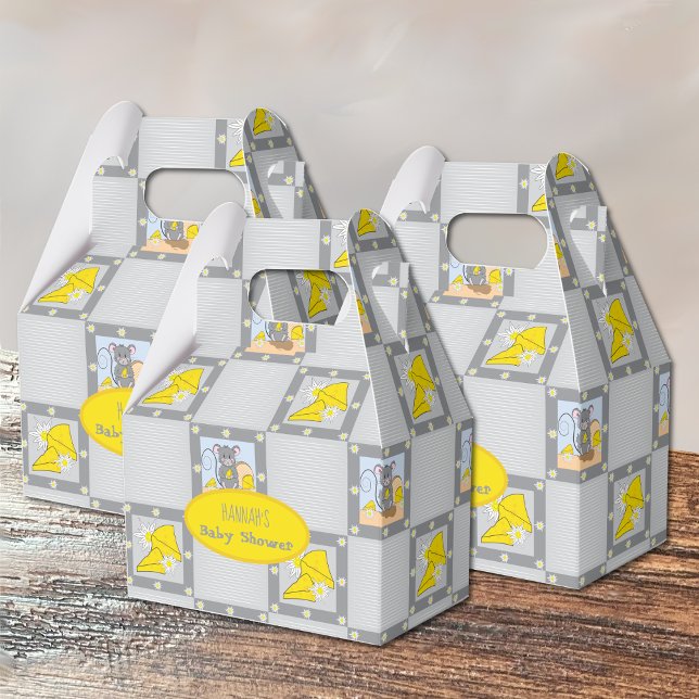 Cute mouse and cheese gender neutral favor box (Favor boxes displayed on a wooden table .)