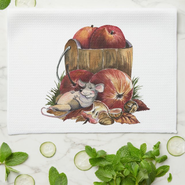 Cute Mouse and Red Apples Kitchen Towel (Folded)