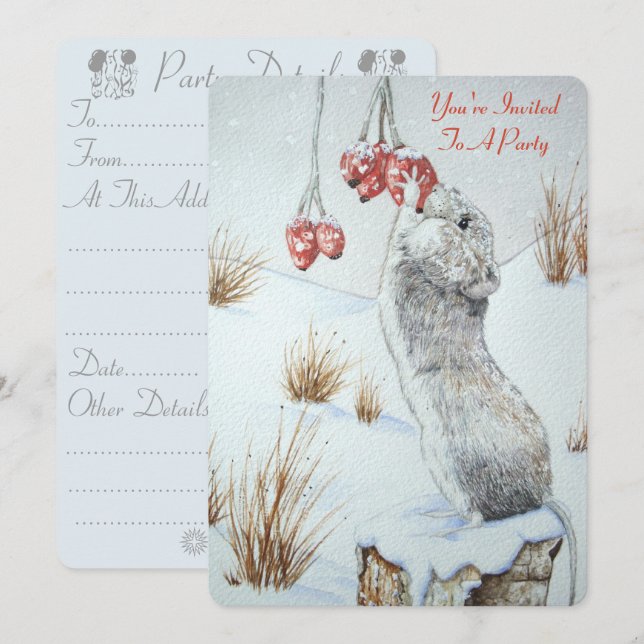 Cute mouse and red berries snow scene christmas invitation (Front/Back)