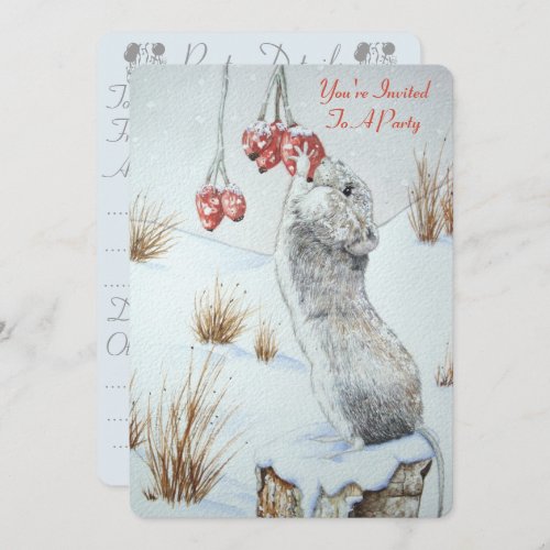 Cute mouse and red berries snow scene christmas invitation