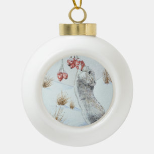 Cute mouse and red berries snow scene wildlife art ceramic ball christmas ornament