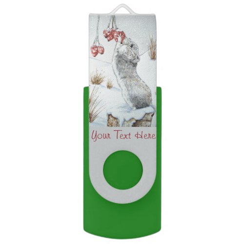 Cute mouse and red berries snow scene wildlife art flash drive