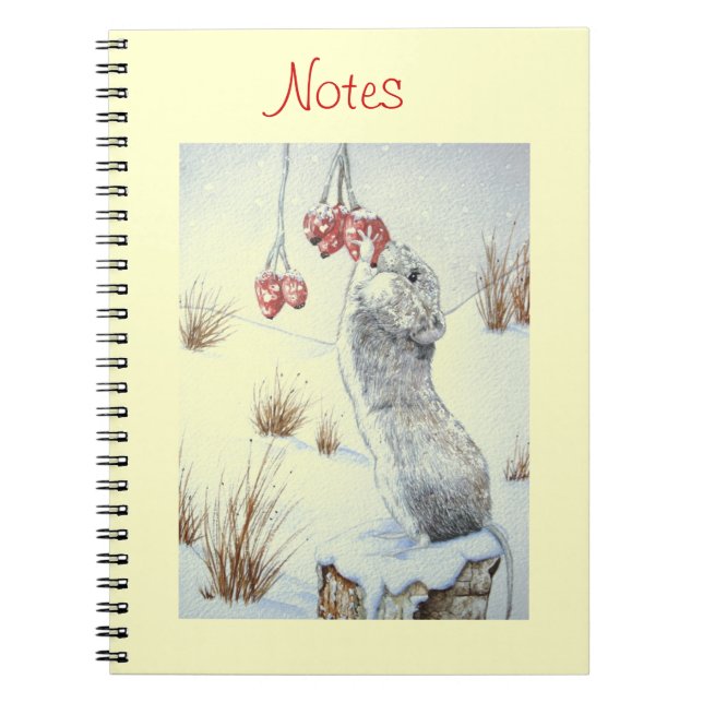 Cute mouse and red berries snow scene wildlife art notebook (Front)