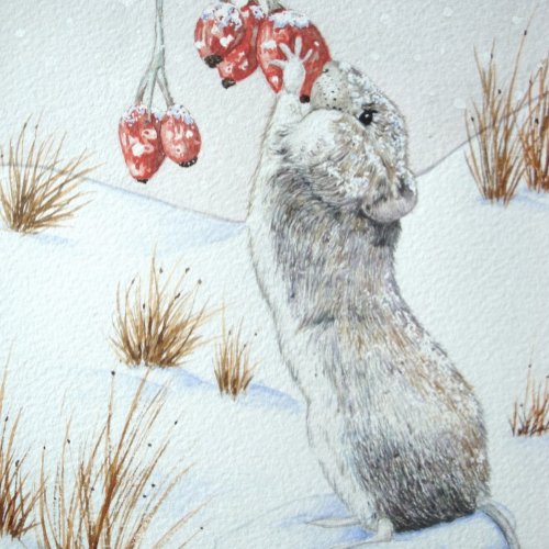 Cute mouse and red berries snow scene wildlife art notepad