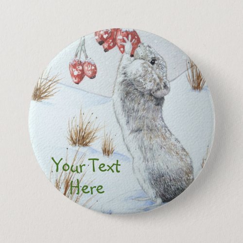 Cute mouse and red berries snow scene wildlife art pinback button