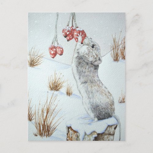 Cute mouse and red berries snow scene wildlife art postcard