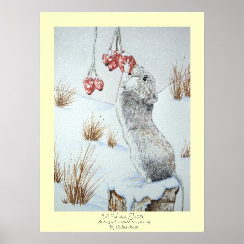 Cute mouse and red berries snow scene wildlife art poster