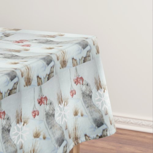 Cute mouse and red berries snow scene wildlife art tablecloth