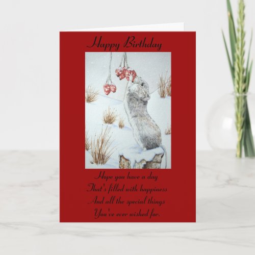 Cute mouse and red berries snow scene wildlife card
