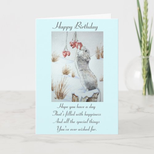 Cute mouse and red berries snow scene wildlife card